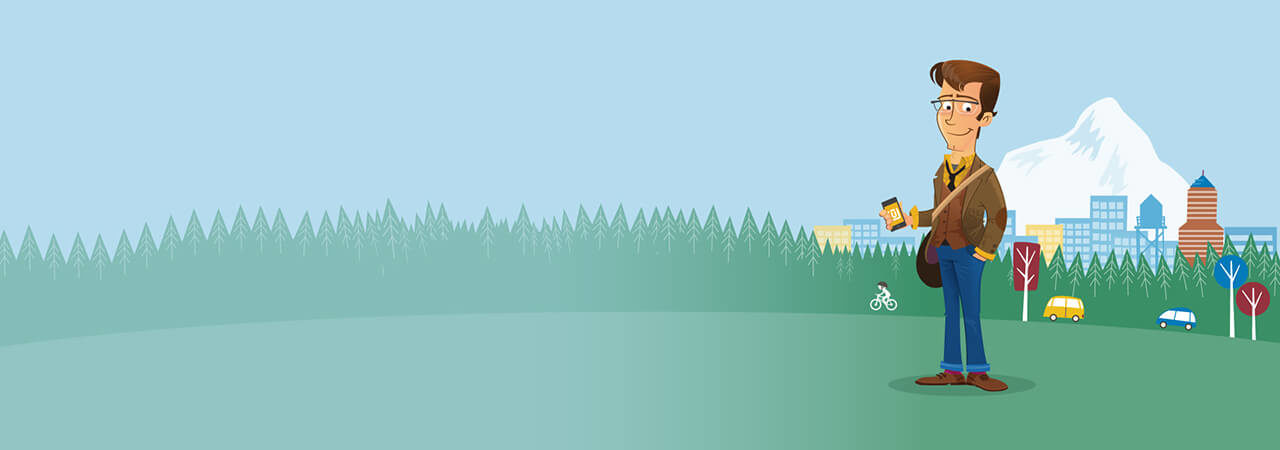 Illustration of Porter standing in a green field with Mount Hood in background.
