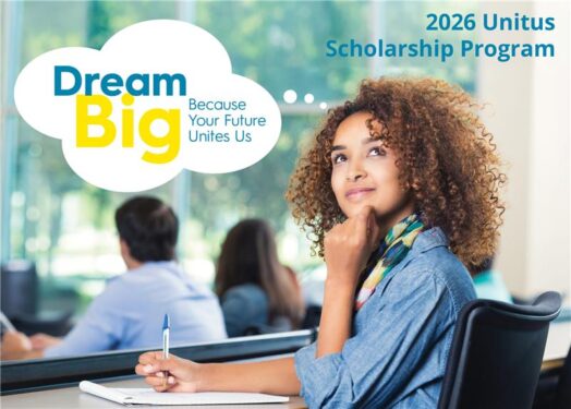 Young female student sitting in class with the text ent sitting in class with the text Dream Big Because Your Future Unites Us. 2026 Scholarship Program - Dream Big Because Your Future Unites Us